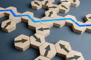 Hexagonal wooden tiles with black arrows are arranged on a gray surface. A blue line traces a path through the tiles, illustrating the flow or route employees might follow among different steps.