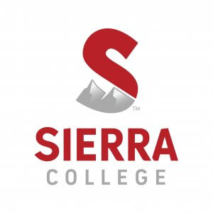 Sierra College logo featuring a large red "S" above gray mountain peaks, with "SIERRA" in bold red letters and "COLLEGE" in light gray below.