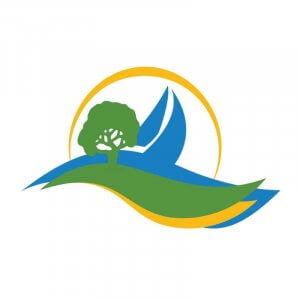 A stylized logo featuring a green tree on a hill with blue and green waves, a yellow arc resembling a sun, and blue shapes suggestive of water or mountains, all on a white background.
