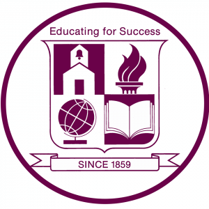 A maroon and white school crest with images of a schoolhouse, torch, globe, and open book. The words "Educating for Success" are at the top, with "SINCE 1859" on a banner at the bottom.