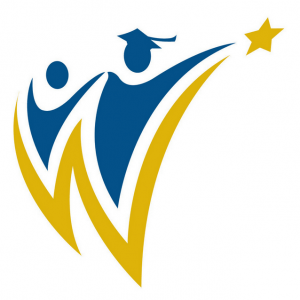 Stylized blue and gold figures, one wearing a graduation cap, reaching upward toward a gold star, forming the shape of a "W.