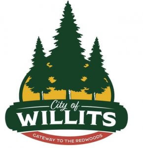 Logo for the City of Willits featuring three tall green redwood trees with a yellow background. Below, the text reads "City of Willits" and a red banner says "Gateway to the Redwoods.