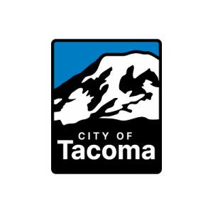 The logo of the City of Tacoma features a stylized white mountain with a blue sky background above the words "City of Tacoma" in bold, white letters on a black rectangle.