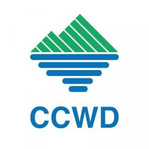 Logo featuring a green geometric mountain shape above blue horizontal lines forming an inverted triangle, with the letters "CCWD" in bold blue text below.