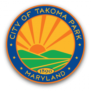 Seal of Takoma Park, Maryland, featuring a stylized sun rising over green hills with rays, and the year 1890 at the bottom, surrounded by a blue border with the city's name in orange letters.