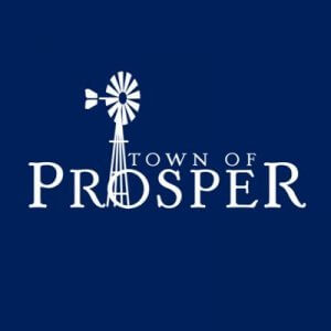 White text on a dark blue background reads "Town of Prosper," with a windmill graphic replacing the letter "O" in "Prosper.