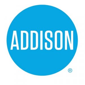 A blue circle with the word "ADDISON" in bold, white, uppercase letters centered inside. A small registered trademark symbol appears near the lower right edge of the circle.