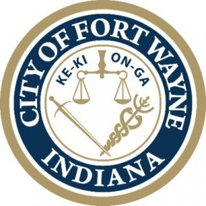 Official seal of the City of Fort Wayne, Indiana, featuring a sword, scales of justice, and a caduceus inside a circular border with the words "KE-KI ON-GA" and "CITY OF FORT WAYNE INDIANA.