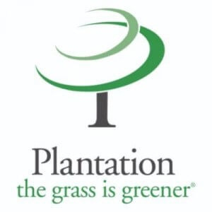 Logo featuring a stylized green and gray tree above the text "Plantation the grass is greener." The tree is abstract, formed by curved lines and a vertical trunk shape.