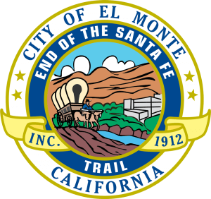 Seal of the City of El Monte, California, featuring a covered wagon, oxen, mountains, and river. Text reads: “City of El Monte, End of the Santa Fe Trail, Inc. 1912, California.”.