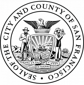 The seal of the City and County of San Francisco, featuring a phoenix above a shield, a miner with a shovel on the left, a sailor with a sextant on the right, and a banner reading "Oro en Paz, Fierro en Guerra.