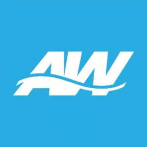 White stylized letters "AW" on a blue background, with a curved wave-like line crossing through the middle of the letters.