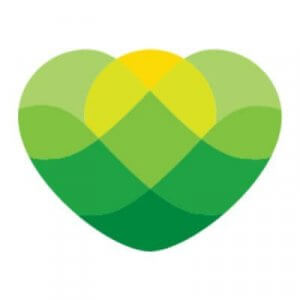 A heart-shaped design composed of overlapping green and yellow shapes, resembling hills and a rising sun, on a white background.