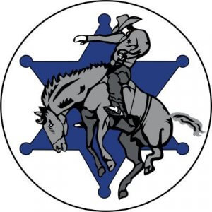 A cowboy riding a bucking horse is illustrated inside a blue six-pointed sheriff's badge, all enclosed within a white circle.