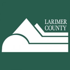 White geometric shapes forming a stylized mountain and landscape design, with the words “Larimer County” in all caps on a green background.