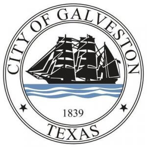 Seal of the City of Galveston, Texas, featuring a black silhouette of a sailing ship on blue waves, with "City of Galveston Texas" and "1839" written around the image.