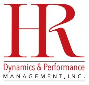 Logo for HR Dynamics & Performance Management, Inc. featuring large red "HR" letters above the business name in red and black text, with horizontal lines separating the sections.