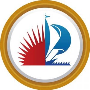A circular logo with a gold border. Inside, the left half shows a red stylized sun with rays, and the right half depicts a blue sailboat on water, both on a white background.
