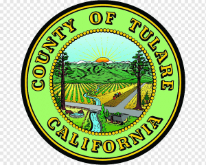 Seal of Tulare County, California, featuring mountains, sunrise, fields, trees, a river, a bridge, buildings, and people working in fields, with "County of Tulare California" around the border.