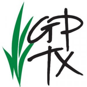 A logo featuring green blades of grass on the left and the black, stylized letters "GP TX" overlapping on the right.