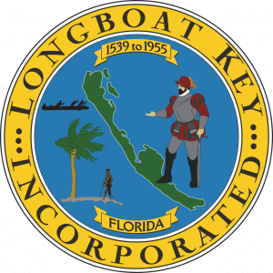 Seal of Longboat Key, Florida, featuring a map of the island, a Spanish conquistador, a palm tree, a smaller explorer, a ship, the years 1539 to 1955, and a yellow border with the words "LONGBOAT KEY INCORPORATED.