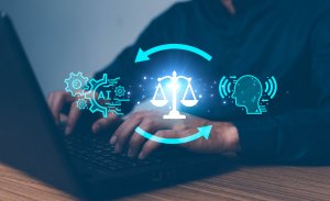 A person types on a laptop with digital icons above: an AI gear, a justice scale, and a human head with sound waves, connected by circular arrows, symbolizing AI, law, human interaction, and career opportunities.