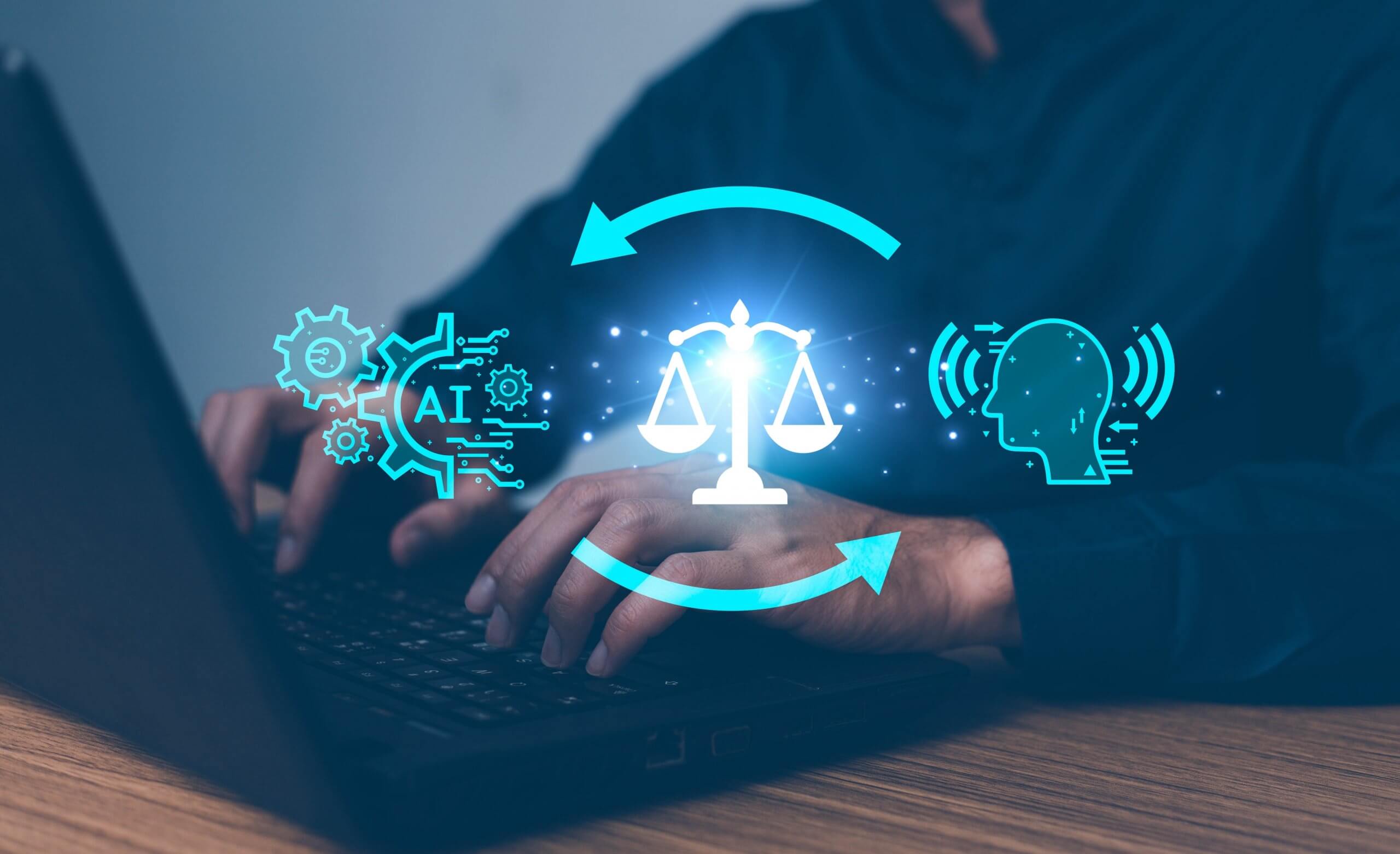 A person types on a laptop with digital icons above: an AI gear, a justice scale, and a human head with sound waves, connected by circular arrows, symbolizing AI, law, human interaction, and career opportunities. A person types on a laptop with digital icons above: an AI gear, a justice scale, and a human head with sound waves, connected by circular arrows, symbolizing AI, law, human interaction, and career opportunities.