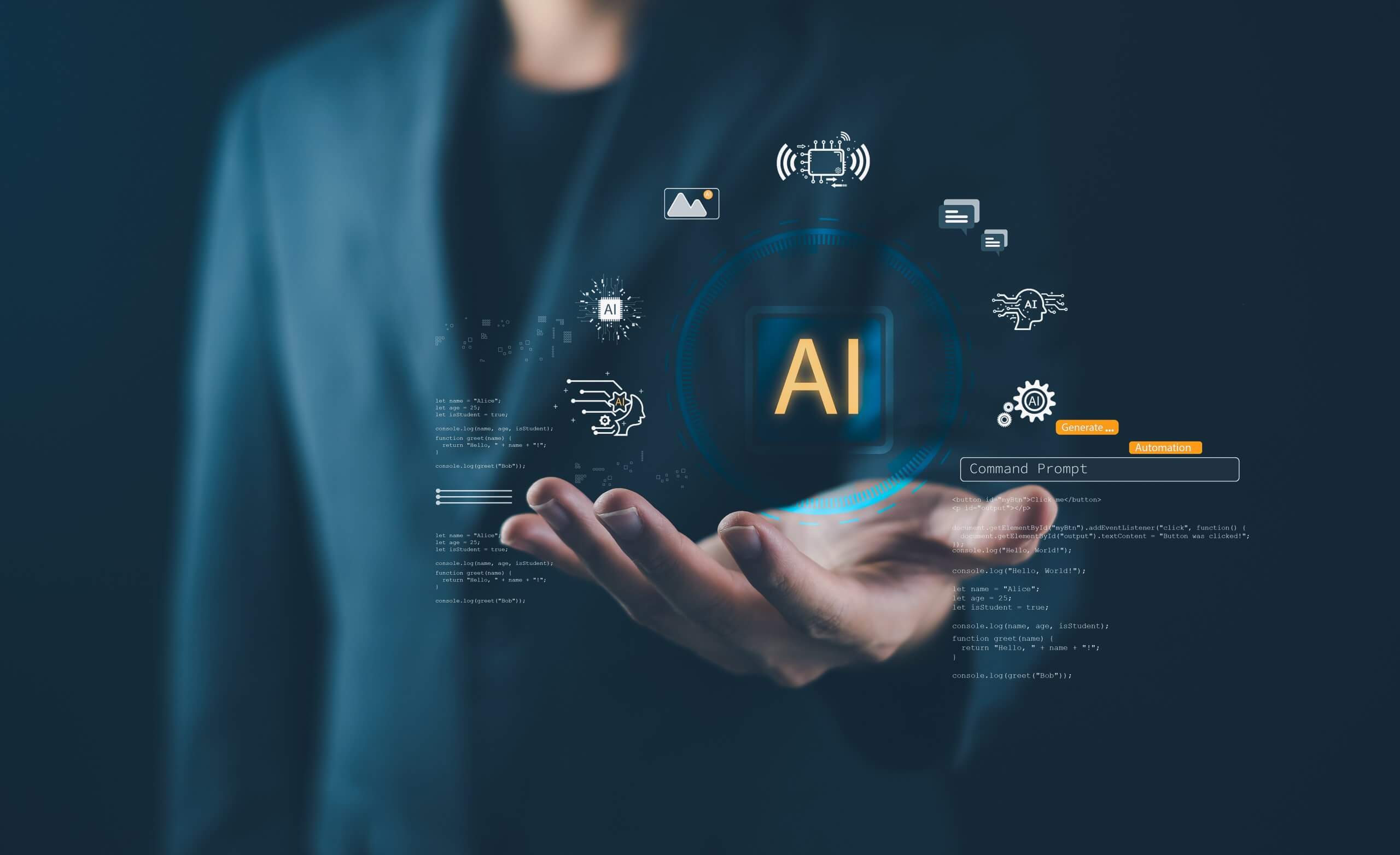 Artificial,Intelligence,Technology,Businessman,Holding,Ai,Prompt,,Generate,Command,Coding A person types on a laptop with digital icons above: an AI gear, a justice scale, and a human head with sound waves, connected by circular arrows, symbolizing AI, law, human interaction, and career opportunities.