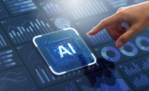 A hand points toward a glowing "AI" icon on a touchscreen interface filled with digital charts and graphs, highlighting the role of AI in advanced data analysis.