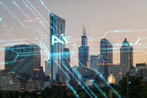 A city skyline at dusk with modern skyscrapers, overlaid with digital circuit lines and glowing AI symbols, representing technology and urban innovation.