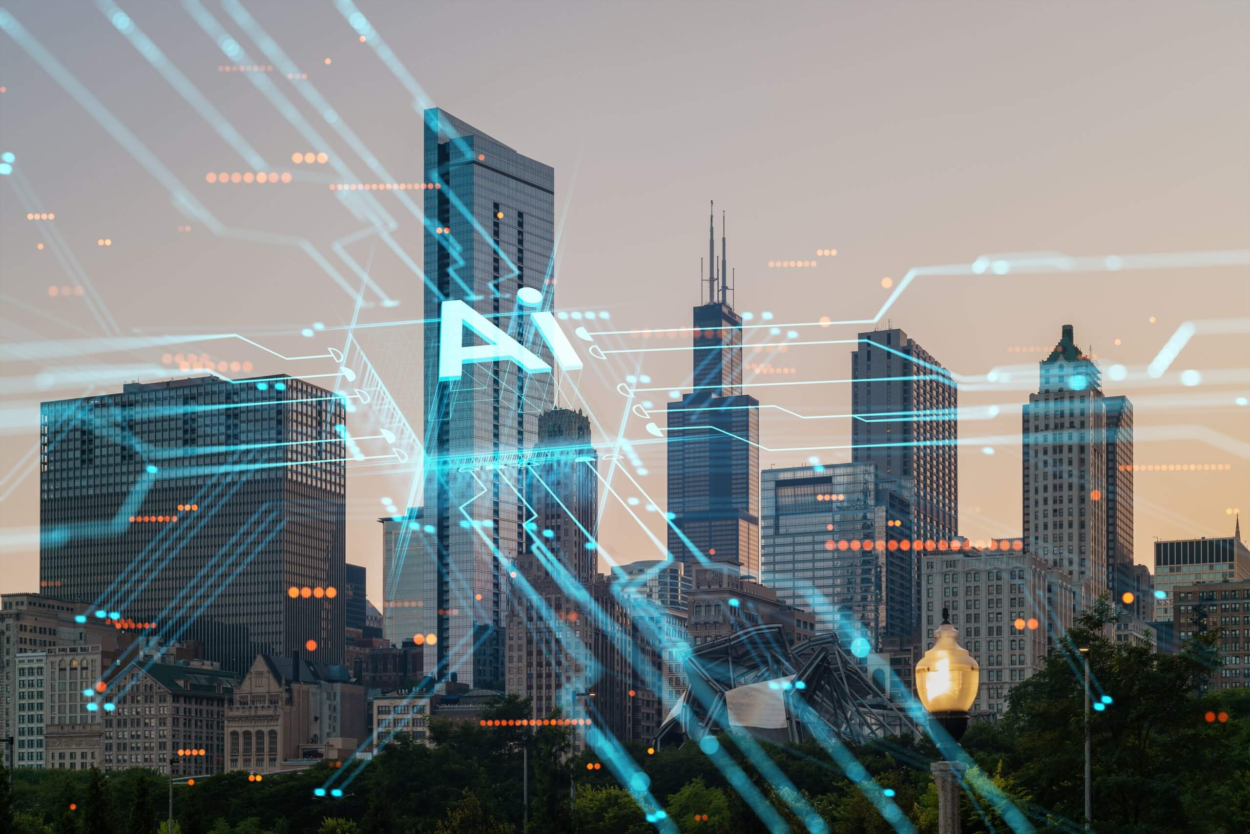 A city skyline at dusk with modern skyscrapers, overlaid with digital circuit lines and glowing AI symbols, representing technology and urban innovation. A city skyline at dusk with modern skyscrapers, overlaid with digital circuit lines and glowing AI symbols, representing technology and urban innovation.