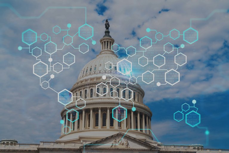 The U.S. Capitol building under a partly cloudy sky, overlaid with digital hexagons, AI icons, and data symbols, suggesting technology, innovation, or cybersecurity in government.
