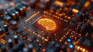 A glowing circuit board features a central microchip with an illuminated brain icon, symbolizing AI and artificial intelligence, surrounded by intricate electronic components and orange lights.