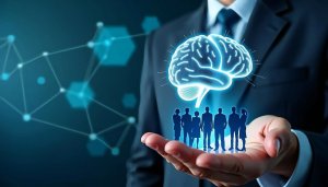 A person in a suit holds a digital illustration of a group of people and a glowing brain above their hand, set against a blue network background that powerfully symbolizes leadership, teamwork, and artificial intelligence.