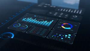 A digital dashboard displaying various data visualizations, including line graphs, bar charts, pie charts, and numerical stats—all with a blue and black futuristic theme—designed to support government leadership in informed decision-making.