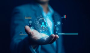 A person in a suit holds a glowing digital globe with "AI" at the center, surrounded by technology and data icons, symbolizing leadership in artificial intelligence and data analytics. The background is dark and futuristic.