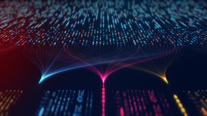 A digital abstract image showing multicolored data points flowing downward and converging into several curved lines, representing AI-driven data processing or information flow, set against a dark grid background.