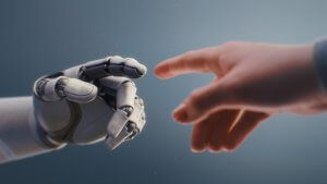 A human hand reaches out to touch the fingertips of a robotic hand, symbolizing connection between humans and AI technology, set against a soft blue gradient background.